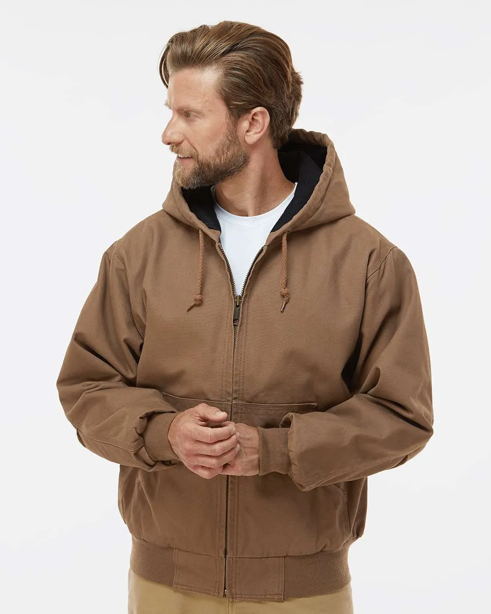 Model wearing a field khaki DRI DUCK 5020 Cheyenne hooded canvas work jacket