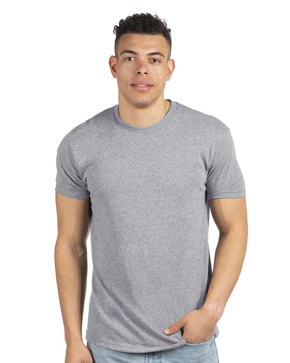 Model wearing a heather grey Next Level 3600 t-shirt