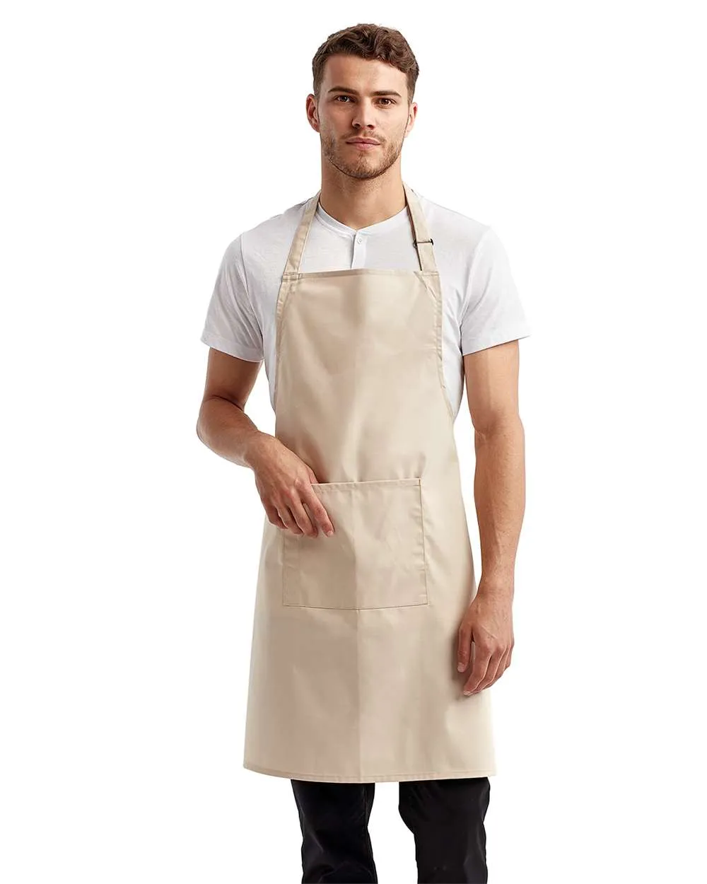 Model wearing a natural Reprime RP154 pocket bib apron