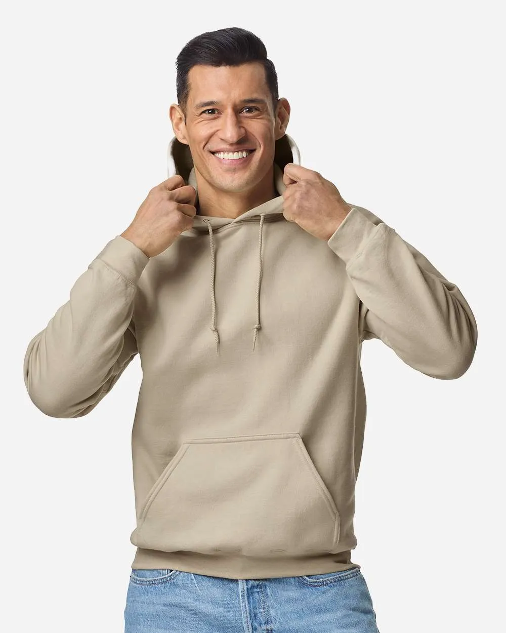 Model wearing a sand Gildan 18500 hoodie